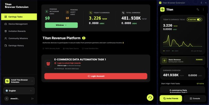 The image shows a dashboard for the "Titan Browser Extension" Earnings Tasks page, displaying metrics like 3.226 TNTP in today's earnings and 481.938K TNTP in total earnings, with an active "E-commerce Data Automation Task" requiring login. The "Just a friendly reminder" caption likely refers to nudging users to return to the platform to claim or continue their passive income tasks, as the dashboard highlights ongoing earning potential.
