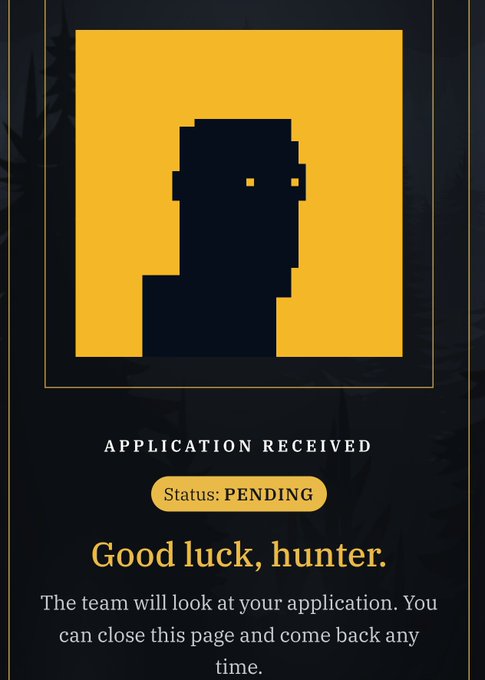 A confirmation screen with a pixelated figure on a yellow background displays "APPLICATION RECEIVED" with a "Status: PENDING" tag and the message "Good luck, hunter," relating to the user's waiting status on their BITFOOTS application for the 303-supply 1/1 NFT collection on Zcash.