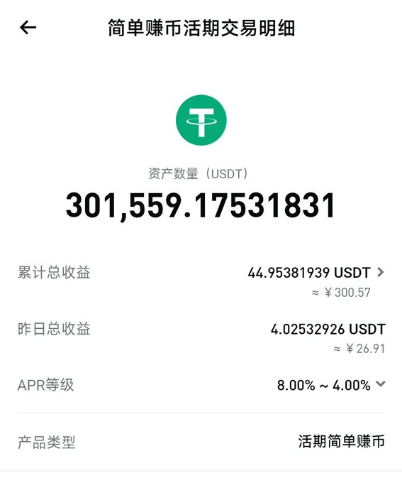 A screenshot of a Chinese cryptocurrency app showing a USDT (Tether) flexible savings account with an asset quantity of 301,559.17531831 USDT, cumulative returns of 44.95 USDT (≈¥300.57), yesterday's returns of 4.02 USDT (≈¥26.91), and an APR tier of 8.00% ~ 4.00%.
