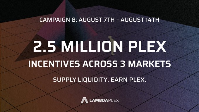 Promotional graphic for LambdaPlex Campaign 8 (August 7th-14th) offering 2.5 million PLEX incentives across 3 markets for supplying liquidity.