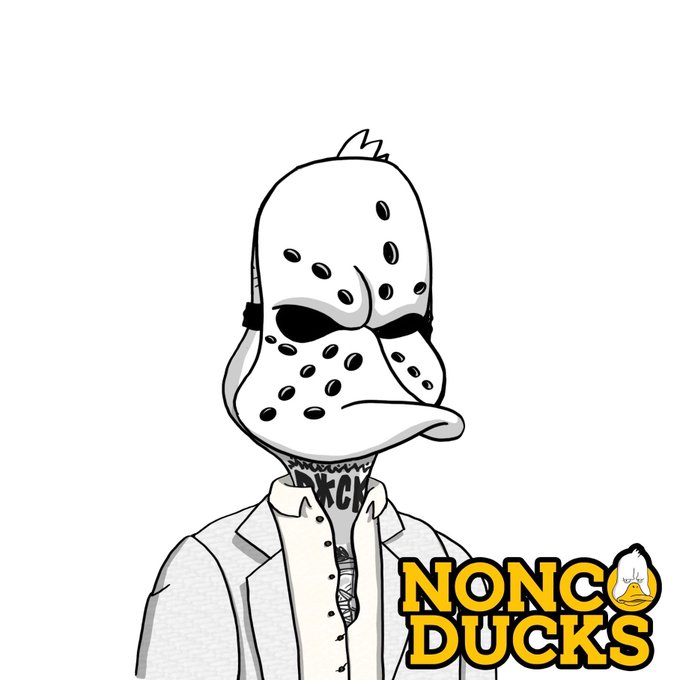 A black-and-white drawing of a duck character wearing a hockey mask (Jason-style) and a lab coat with 'JAM' visible, accompanied by the 'NONCO DUCKS' logo in yellow.