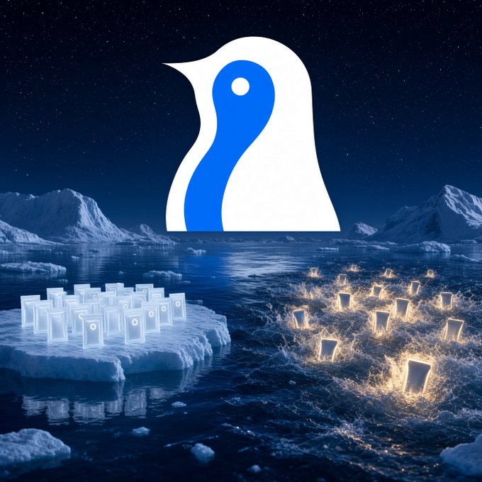 A stylized graphic featuring a blue and white penguin logo centered against a dark night sky, hovering above a split icy and watery landscape dotted with glowing rectangular portals.
