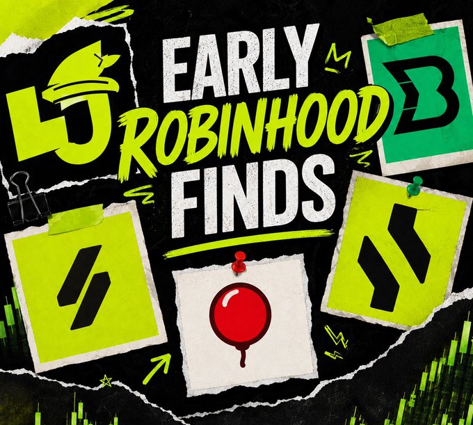 A bold graphic design with black, neon green, and yellow colors reading 'EARLY ROBINHOOD FINDS' alongside icons of a burger, binder clip, paint drop, lightning bolts, and chart imagery.