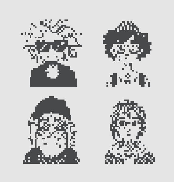 Four pixel-art style portrait icons depicting different characters in dark blue on a white background.