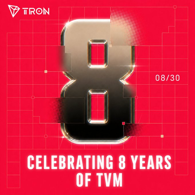 A red Tron promotional graphic featuring a large gold '8' with the text 'CELEBRATING 8 YEARS OF TVM' and the date '08/30'.