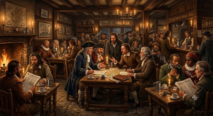 A detailed digital painting depicting a lively 18th-century coffeehouse scene with patrons in period clothing gathered around tables lit by candlelight, one reading a 'London Times' newspaper.