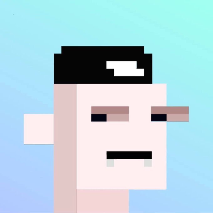 Pixel art illustration of a pale, blocky character with a flat expression, half-lidded eyes, and flat black hair against a blue gradient background.