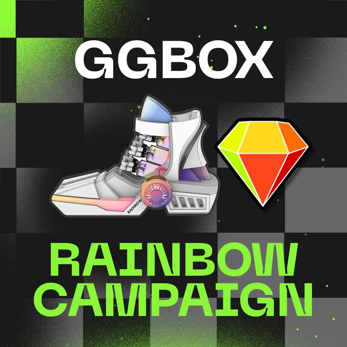 A promotional graphic for 'GGBox Rainbow Campaign' featuring a colorful high-top sneaker NFT alongside a multicolored gem against a checkered black, green, and gray background.