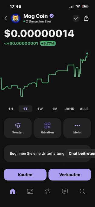 The image shows an iPhone screen displaying a cryptocurrency trading app with a graph showing the value of $mog coins increasing over time, along with options for buying or selling the coin. The text on the screen includes information about the current price of the coin, its value in different currencies, and how to use the app to trade the coin.