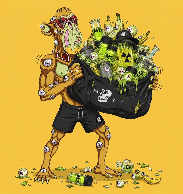 A grotesque cartoon illustration of a zombie-like creature covered in eyeballs carrying a black 'BAYC' (Bored Ape Yacht Club) bag overflowing with radioactive green bottles, eyeballs, and bananas on a yellow background.
