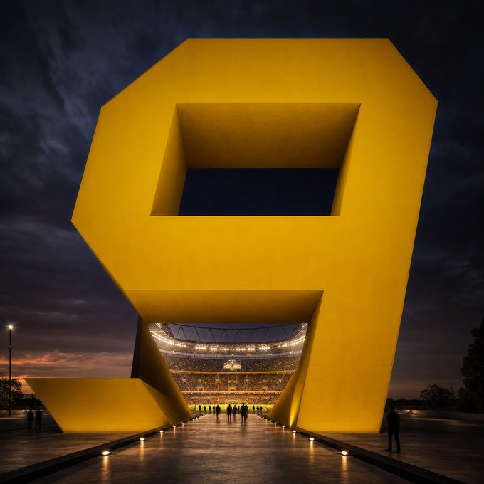A 3D rendering of a massive yellow number '9' sculpture framing a stadium interior, with small silhouettes of people walking toward the brightly lit arena at dusk.