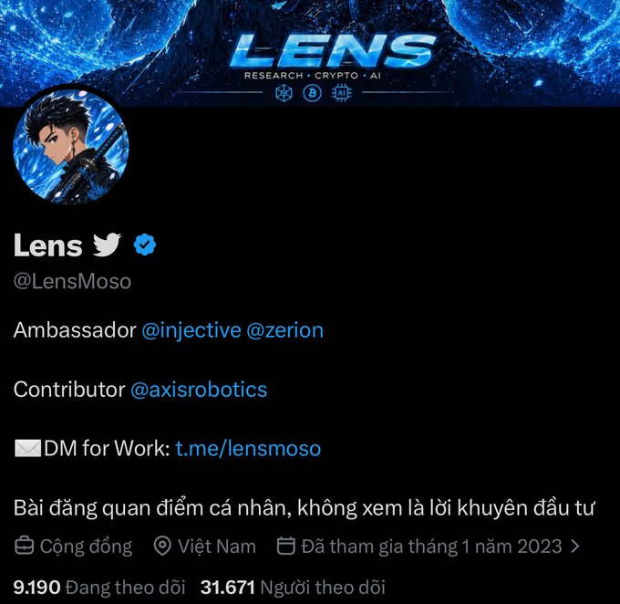 Twitter/X profile for 'Lens' (@LensMoso) labeled 'Ambassador @injective @zerion' and 'Contributor @axisrobotics', with a banner reading 'LENS RESEARCH • CRYPTO • AI'.