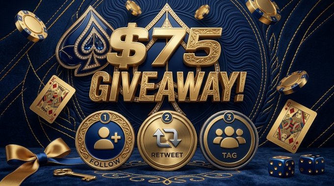 A promotional image for a "$75 GIVEAWAY!" featuring casino-themed elements including playing cards, poker chips, and dice, with three participation steps shown as numbered medallions: 1) Follow, 2) Retweet, and 3) Tag. The image ties into the post by visually representing a chance-based payout giveaway where participants can win their choice of cryptocurrency (SOL, ETH, or USDT), using gambling iconography to evoke the thrill of potentially winning a monetary prize.