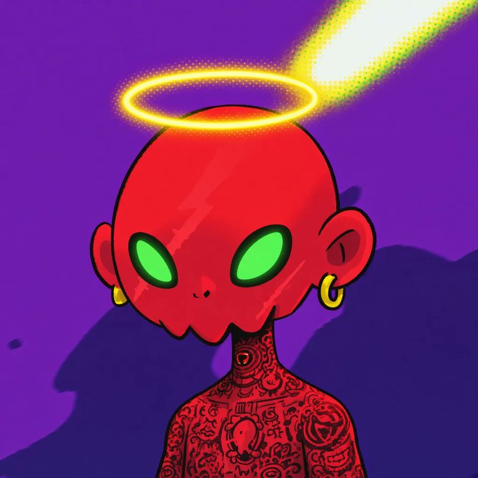 An illustrated red alien character with glowing green eyes, gold hoop earrings, and a glowing yellow halo on its head is shown against a purple background with a comet trailing overhead.