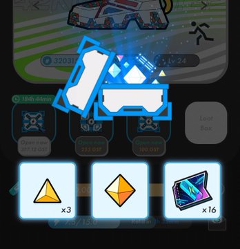 A screenshot from a mobile game showing resource options like 'OPEN BOX 07:12:05', '233 DST', and '100 DST', along with upgrade materials including an Ethereum logo and 16x of an item.