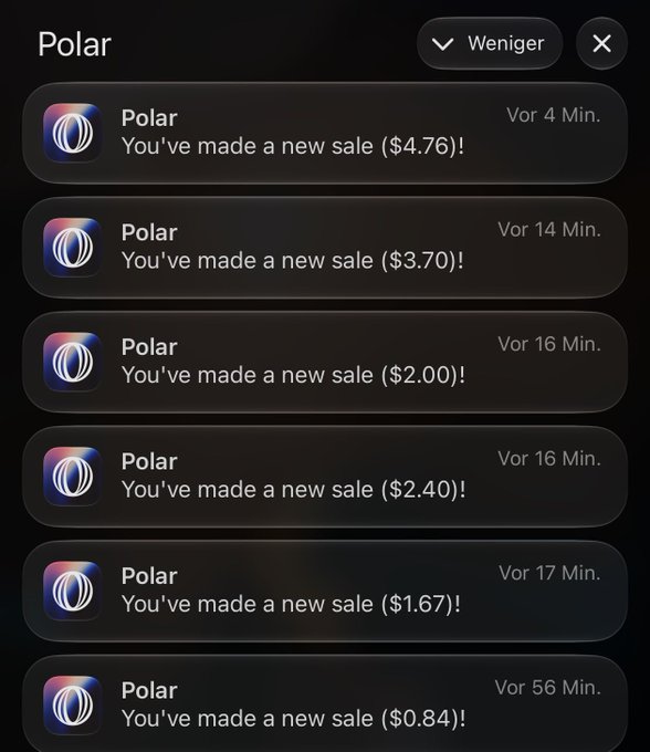 A stack of "Polar" notifications showing multiple sales ($4.76, $3.70, $2.00, $2.40, $1.67, and $0.84) received within the past hour. The notifications serve as visual proof of revenue generation for outbid.lol, aligning with the post's claim about earning income, though the user notes they overlooked the tax implications.