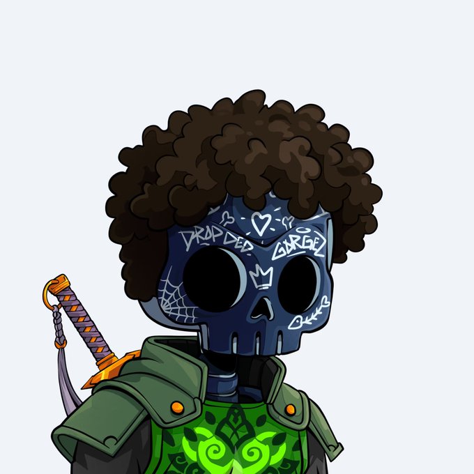 Cartoon character with a skull mask covered in graffiti including 'DRAPED' and 'GARGEL', dark curly afro hair, green outfit, and an orange sword on its back.
