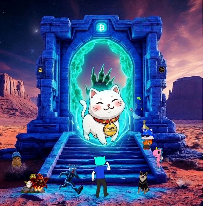 A digital artwork featuring a white cat labeled 'SHIRO THE TOKEN' emerging from a glowing portal in a stone archway, surrounded by various meme characters in a desert landscape.
