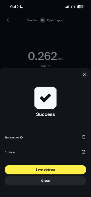 A mobile screenshot shows a successful crypto transaction of 0.262 SOL ($20.02) sent to FgNH...sppd, with options to view the Transaction ID and Explorer, confirming the $20 send mentioned in the post.