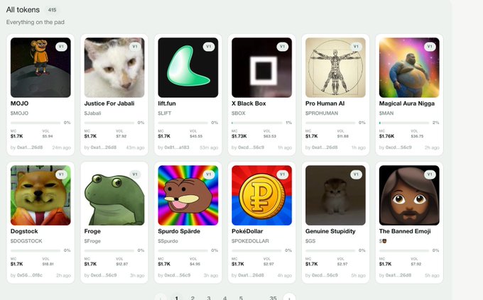 A screenshot of a crypto token marketplace showing various meme coins including MOJO ($MOJO), Justice For Jabali ($Jabali), lift.fun ($LIFT), X Black Box ($SBOX), Pro Human AI ($PROHUMAN), Magical Aura Nigga ($SMAN), Dogstock ($DOGSTOCK), Froge ($SFroge), Spuroo Spirde ($Spuroo), PokéDollar ($SPOKEDOLLAR), Genuine Stupidity ($SGS), and The Banned Emoji ($!@).