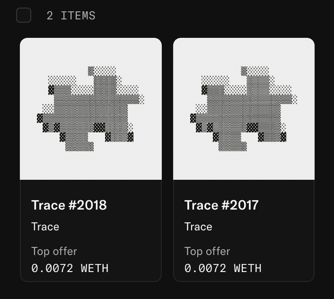 A digital interface showing two NFT listings titled 'Trace #2018' and 'Trace #2017', each displaying a pixelated graphic and a top offer price of 0.0072 WETH.