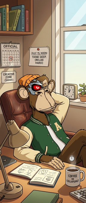 The image features a cartoon monkey sitting at a desk with various objects around him, including books, a cup of coffee, a computer mouse, and a lamp. The monkey appears to be wearing a green jacket and has a red eye on his face. In the background, there are several books arranged in different positions, suggesting that this scene takes place in an office or workspace setting. The image also includes a post about global investment opportunities and mentions Tria, which is likely related to the cartoon monkey's presence in the scene.