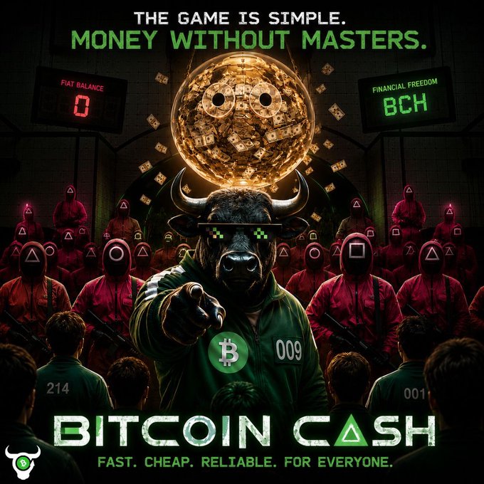 The image features a poster for Bitcoin Cash with a bull wearing sunglasses standing in front of a group of people dressed like bulls. The bulls appear to be wearing suits and ties, suggesting that they are part of an event or gathering related to Bitcoin Cash. The text on the poster reads "The game is simple. Money without masters." This phrase emphasizes the idea that Bitcoin Cash is designed for everyone, regardless of their financial status or background.