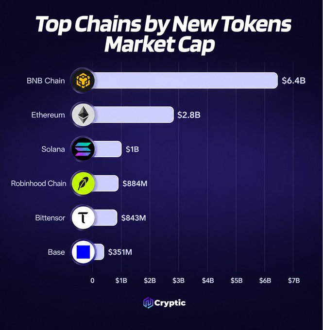A bar chart titled "Top Chains by New Tokens Market Cap" shows BNB Chain leading at $6.4B, followed by Ethereum at $2.8B, Solana at $1B, Robinhood Chain at $884M, Bittensor at $843M, and Base at $351M. The data visually confirms the post's claim that BNB Chain dominates with 51% of new token market cap, more than double Ethereum's share.