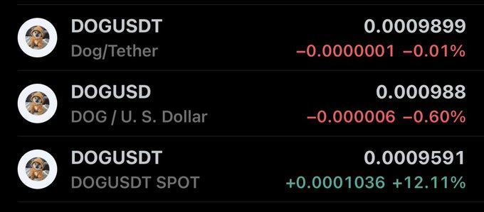 A screenshot of cryptocurrency trading data showing DOGUSDT (Dog/Tether), DOGUSD (DOG/U.S. Dollar), and another DOGUSDT entry with various prices and percentage changes in red and green.