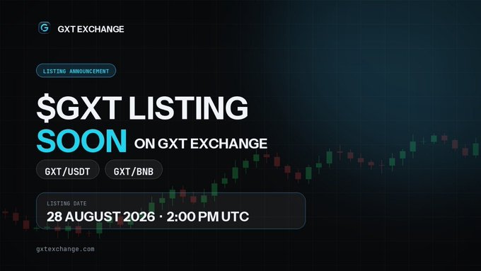 A dark, professionally designed listing announcement banner for GXT Exchange featuring the headline "$GXT LISTING SOON" with two trading pair badges (GXT/USDT and GXT/BNB), a candlestick chart graphic, and a launch date of 28 August 2026 at 2:00 PM UTC, directly matching the post's details about GXT's upcoming debut on the platform.