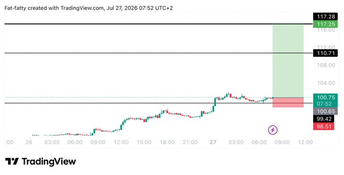 A TradingView chart for the Fat-fatty pair displays a long trade setup with an entry at 100.75, targets marked at 110.71 and 117.25, and a stoploss near 99.42, corresponding to the #AAVE long trade described in the post.