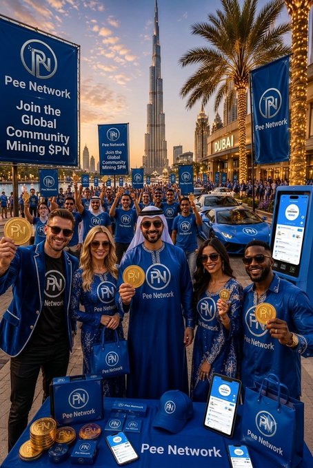 A vibrant promotional scene in Dubai showcases a diverse, smiling group of Pee Network supporters wearing branded "PN" apparel and holding coins in front of the iconic Burj Khalifa, with banners reading "Pee Network - Join the Global Community Mining $PN." The image visually reinforces the post's message of community-driven growth, depicting engaged participants from various backgrounds united under the "Pee Network Belongs to the Community" banner, complete with branded merchandise, a mobile mining app display, and golden $PN coins symbolizing collective contribution.
