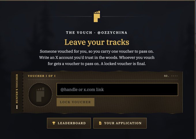 A dark-themed webpage titled "THE VOUCH · @OZZYCHINA" displays the heading "Leave your tracks," explaining that a vouched user can pass on a single voucher to another X account.