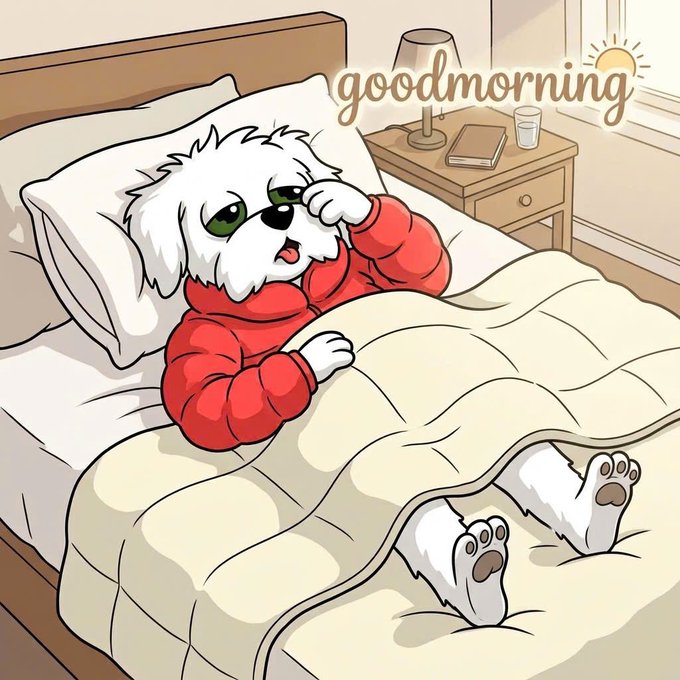 A cute white dog in a red pajama shirt rubs sleep from its eyes while waking up in a cozy bed, with the text "goodmorning" displayed near a sunlit window. The image ties into the post by visualizing a groggy morning routine that mirrors the contrast between tired retail traders and the "smart capital" already benefiting from Tria's cashback rewards.