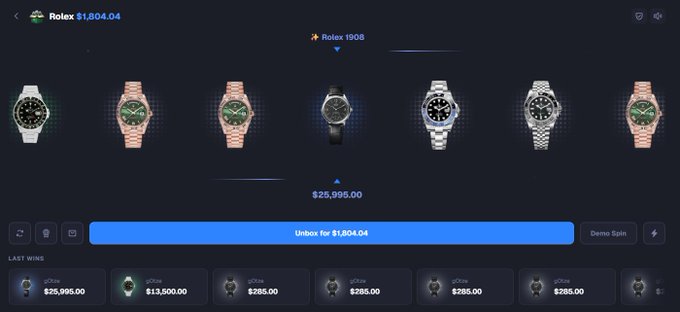 This image shows a selection of Rolex watches, with an option to "Unbox for $1,804.04", aligning with the post's message about returning soon and the viewer being early to a new offering. The displayed price of "$1,804.04" directly relates to the "unboxing" cost mentioned in the post.
