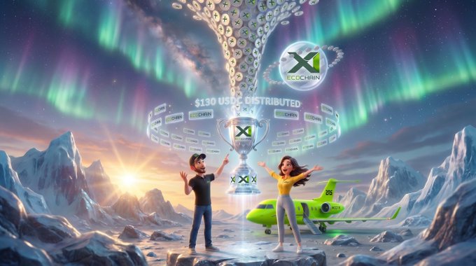 The image features a man and woman standing next to each other, with the man holding a trophy above them. The background of the image shows an airplane flying through a sky filled with stars and a northern lights display. The text "X1 ECOHAIN STREAK WARS" is also present in the image. The post appears to be promoting a contest or competition related to grinding a specific number of grinders, with the winners receiving a trophy and a cash prize.