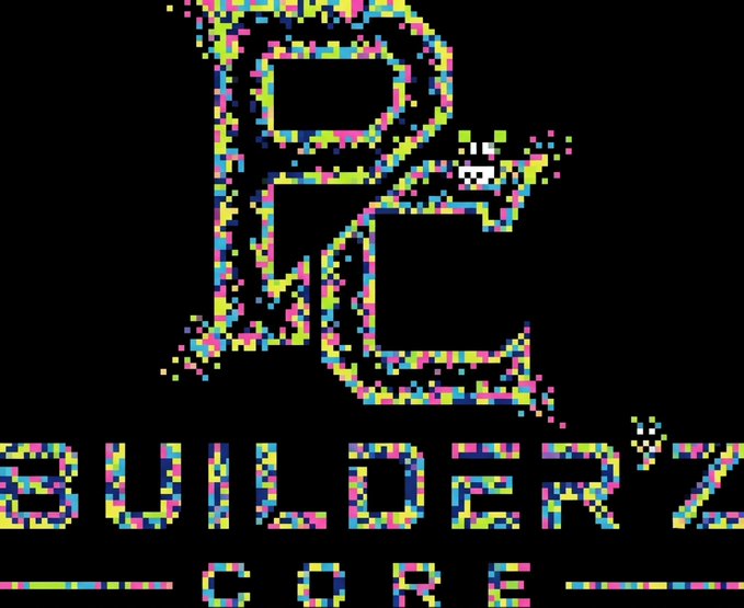 Pixelated, glitch-style logo for 'BUILDER'Z CORE' featuring a stylized RZ monogram with colorful distortion on a black background.
