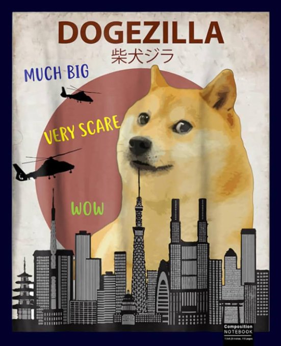 A parody poster shows a giant Shiba Inu towering over a city, with helicopters and a Godzilla-like red sun behind it. The text reads “DOGEZILLA,” Japanese “柴犬ジラ,” “MUCH BIG,” “VERY SCARE,” and “WOW,” supporting the post that Dogezilla is back to celebrate Dogecoin ($DOGE).