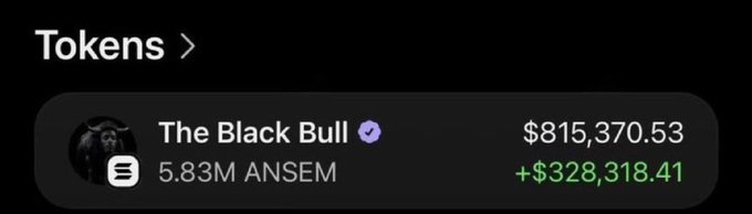 The image shows a wallet called "The Black Bull" holding 5.83M $ANSEM tokens valued at $815,370.53, with an unrealized gain of +$328,318.41. This visually supports the post's claim of massive profits from an early $ANSEM investment, illustrating the significant returns being promoted in the giveaway announcement.