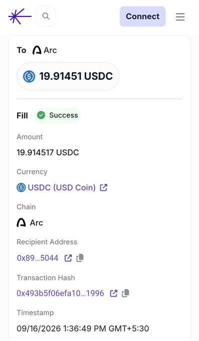 Mobile wallet transaction confirmation screen showing a successful transfer of 19.91451 USDC to an Arc chain address, with transaction hash and timestamp dated 09/16/2026.