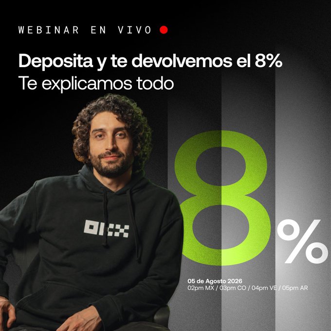 A webinar promotional graphic in Spanish reading 'WEBINAR EN VIVO Depoita y te devolvemos el 8% Te explicamos todo' featuring a man in a black OKX hoodie next to a large green '8%' graphic, dated '05 de Agosto 2026'.