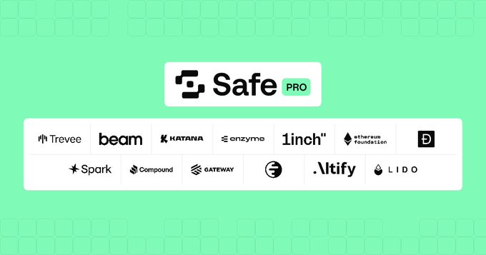 A promotional graphic displays 'Safe {PRO}' above logos for various DeFi protocols including Trevee, Katana, enzyme, 1inch, Athereum Foundation, Spark, Compound, Gateway, Notify, and LIDO.