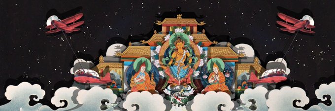 A stylized illustration features Buddhist deities seated in lotus positions before a golden temple structure, framed by clouds, stars, and red biplanes.