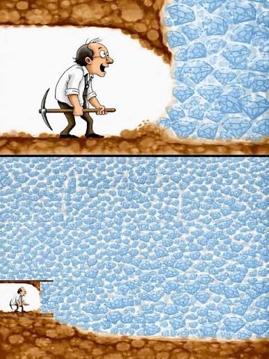 A cartoon illustration showing a miner digging into a massive wall of diamonds, with a smaller zoomed-out view at the bottom showing the miner's tiny scale relative to the diamond-filled cavern.