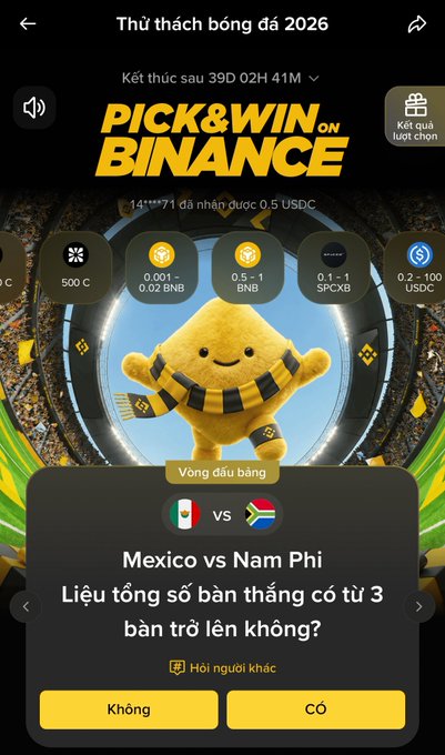 The image is of a photo that includes the words "pick&win" written above it with different options, as well as "binance", "football challenge", and various countries written beneath. A screenshot of an app's page displays a cartoon character wearing a yellow shirt who appears to be cheering on the football teams in the challenge. The background is a black image with a green border, which highlights the sports theme of the challenge.