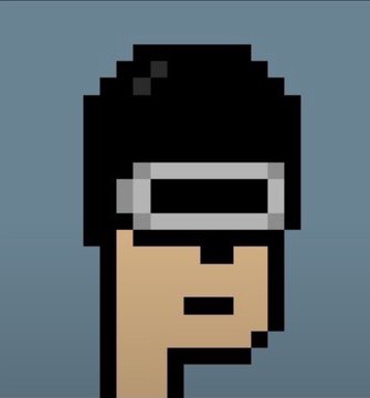 A pixel art profile portrait features a stylized face wearing a dark visor and headpiece against a muted blue background.