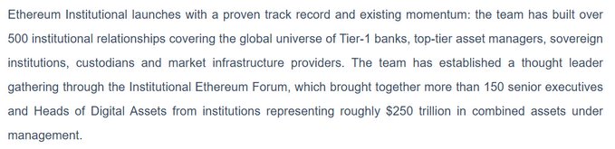 A text excerpt about Ethereum Institutional, highlighting their track record of 500 institutional relationships with Tier-1 banks and asset managers, plus the Institutional Ethereum Forum gathering 150+ executives representing roughly $250 trillion in AUM.