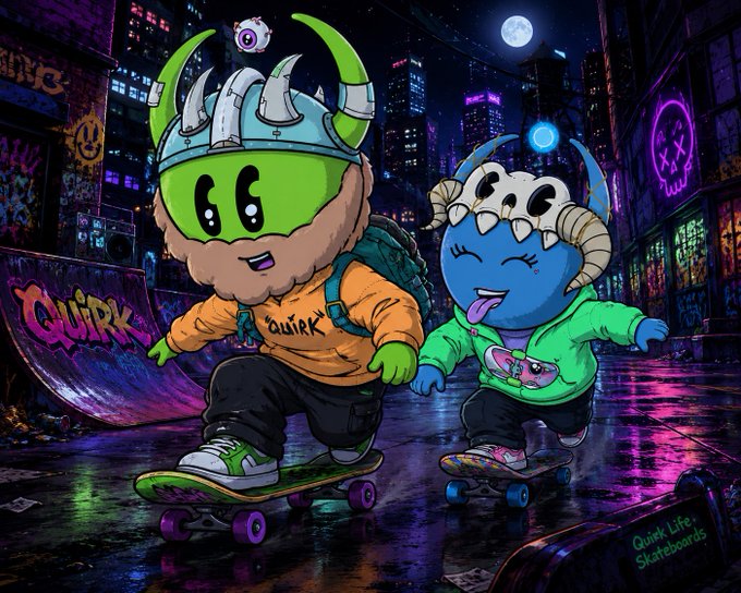 A vibrant, stylized digital illustration of two cartoon characters—a green one in an orange hoodie and a blue monster in a green hoodie—skateboarding down a neon-lit city street at night, labeled 'Quirk Life Skateboards'.