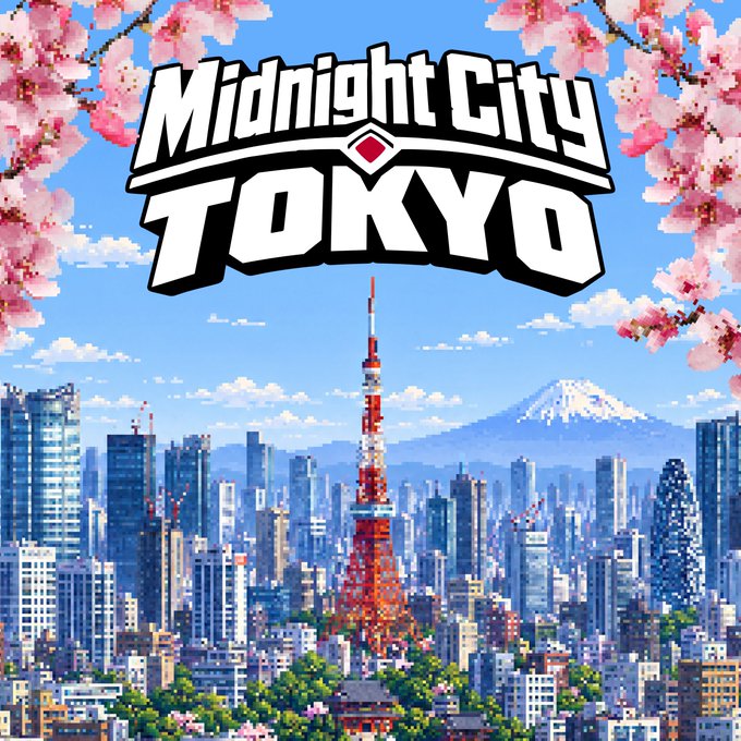 A pixel-art illustration features the bold "Midnight City Tokyo" title set against a vibrant Tokyo skyline, complete with Tokyo Tower, Mount Fuji, and cherry blossoms framing the scene—visually inviting viewers to enter the "Midnight City" event mentioned in the post about exploring the agentic economy.