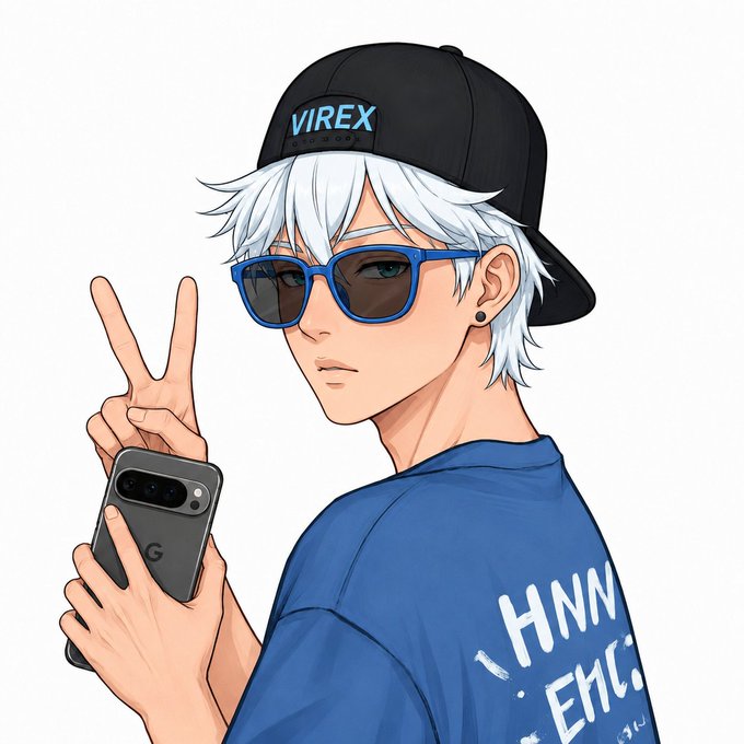 An anime-style illustration of a character with white hair, wearing a black cap with 'VIREX' written on it, blue sunglasses, and a blue shirt, making a peace sign while holding a smartphone.